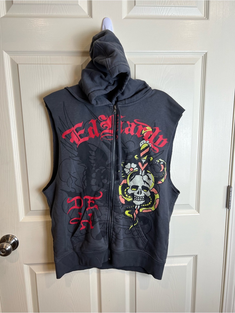 Ed hardy charcoal Sleeveless Zip-Up Hoodie with Skull & Snake Graphic medium